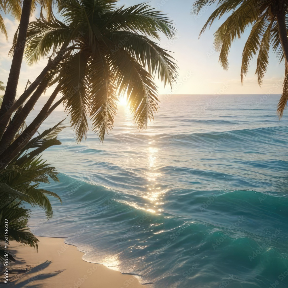 Fototapeta premium Soft sunlight filters through swaying palm fronds as a gentle wave rolls in, illuminating the crystal clear blue waters of the ocean, peaceful atmosphere, natural beauty, ocean waves, sandy shore