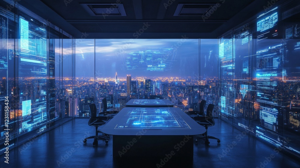 Fototapeta premium Modern Office with Futuristic City Night View and Data Displays