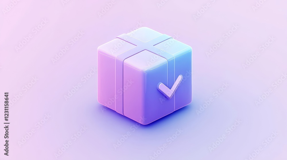 Purple cube with check mark, symbolizing verification, validation and successful completion Purple cube with check mark, symbolizing verification, validation and successful completion