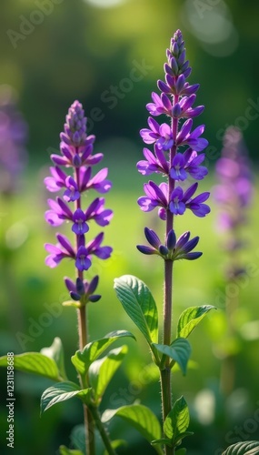 Salvia nemorosa flowers with subtle details in sunlight, botanical, wild sage, purple photo