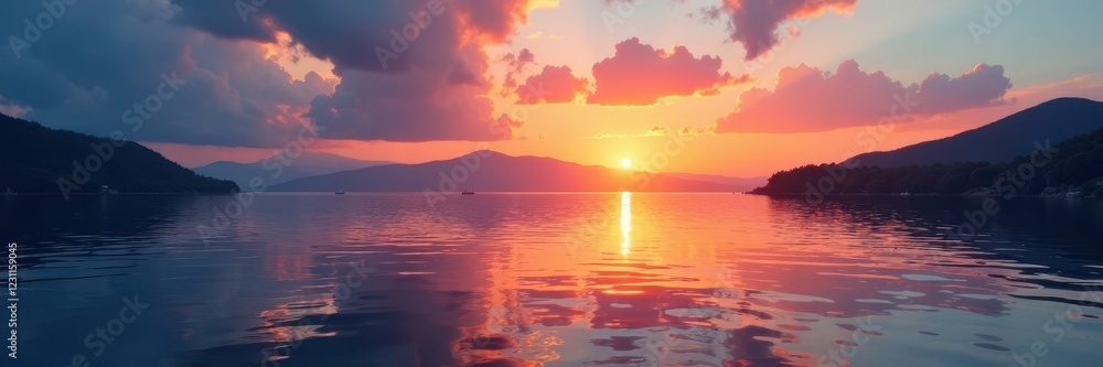 Fototapeta premium Serene lake at sunset with boats on the horizon, calm, serene landscape