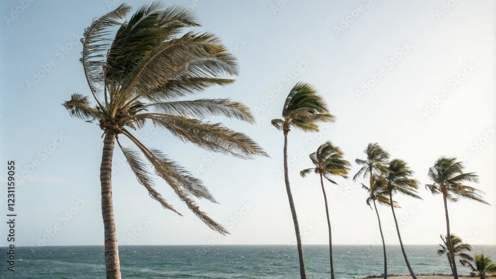 Palm trees swaying gently in ocean breeze, trees, sky Palm trees swaying gently in ocean breeze, trees, sky
