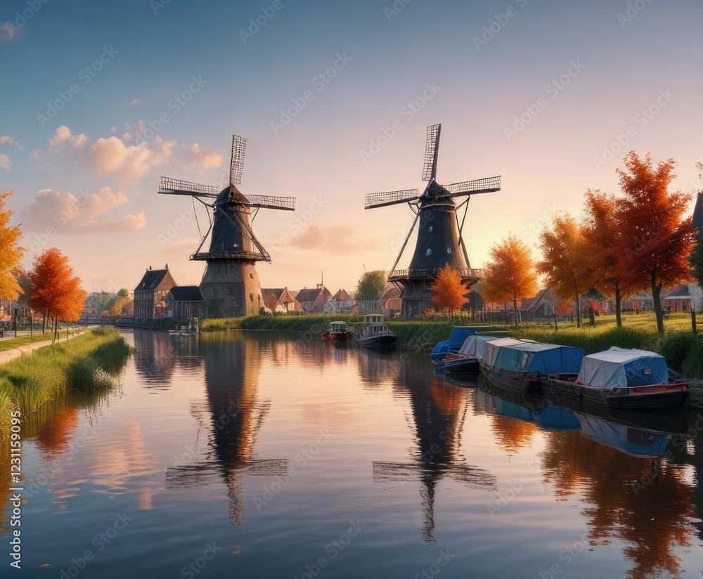 Fototapeta premium Panorama of a windmill situated near a canal with boats floating in the water, canalside, windmills