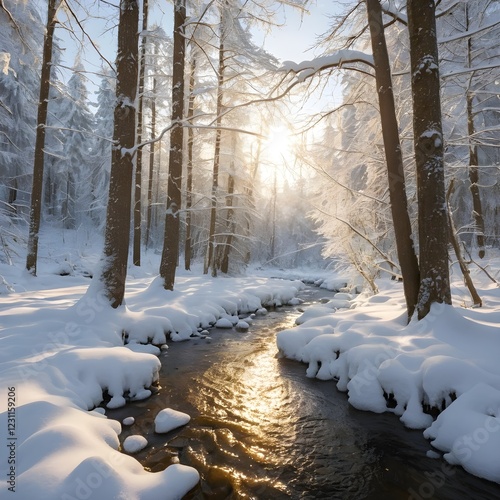 Sereno bosque nevado, nieve espesa intacta, arroyo congelado, suave luz dorada del sol a través de los árboles. photo