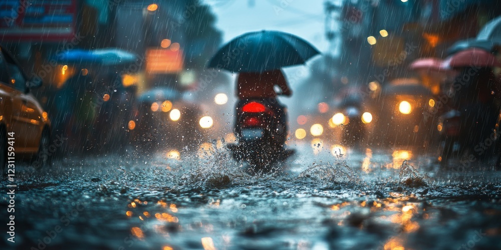 Fototapeta premium Realistic Rainy Season Photography with Umbrella and Traffic