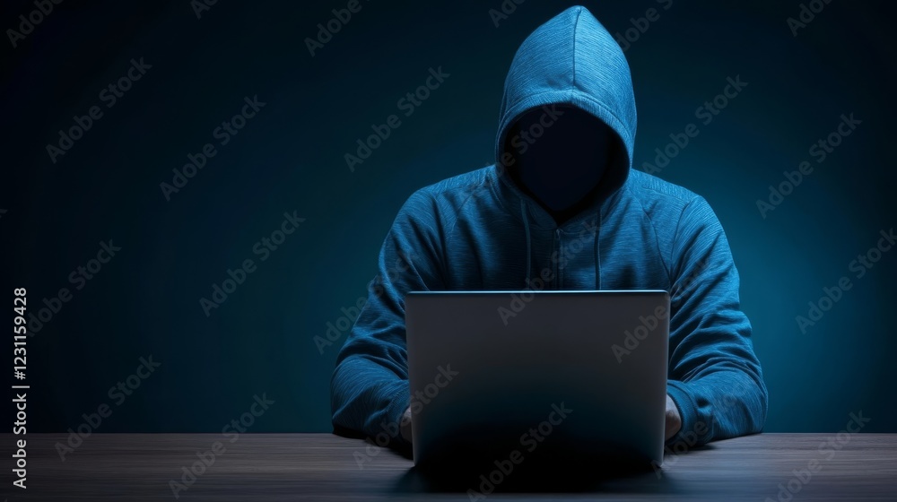 Person in hoodie focused on laptop work at table, remote work, digital lifestyle, online business and modern technology Person in hoodie focused on laptop work at table, remote work, digital lifestyle, online business and modern technology
