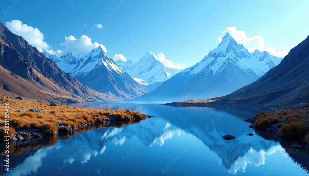 Naklejka premium Snow-capped peaks against a blue sky with a serene pond below, reflective, landscape, serene