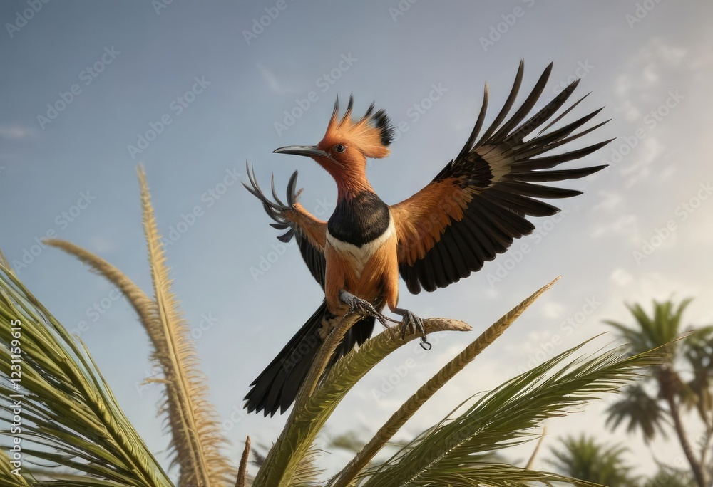 Fototapeta premium Perched on top of a tall palm tree, an african hoopoe in flight preparation, palm tree, perched, feathers