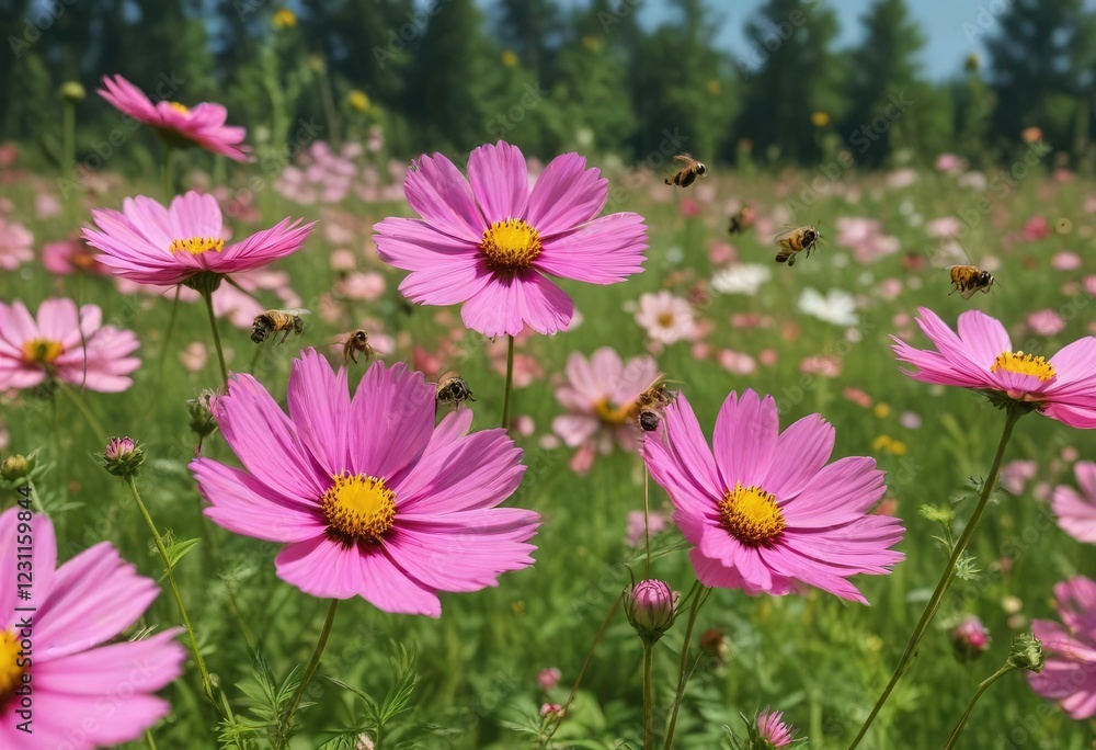 Pink cosmos flowers with bees pollinating on a meadow, spring, meadow Pink cosmos flowers with bees pollinating on a meadow, spring, meadow