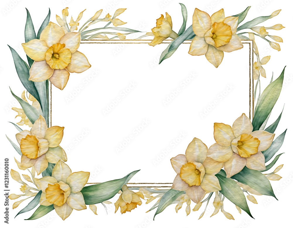 Flower frame. Watercolor yellow daffodils around the frame isolated on white background Flower frame. Watercolor yellow daffodils around the frame isolated on white background