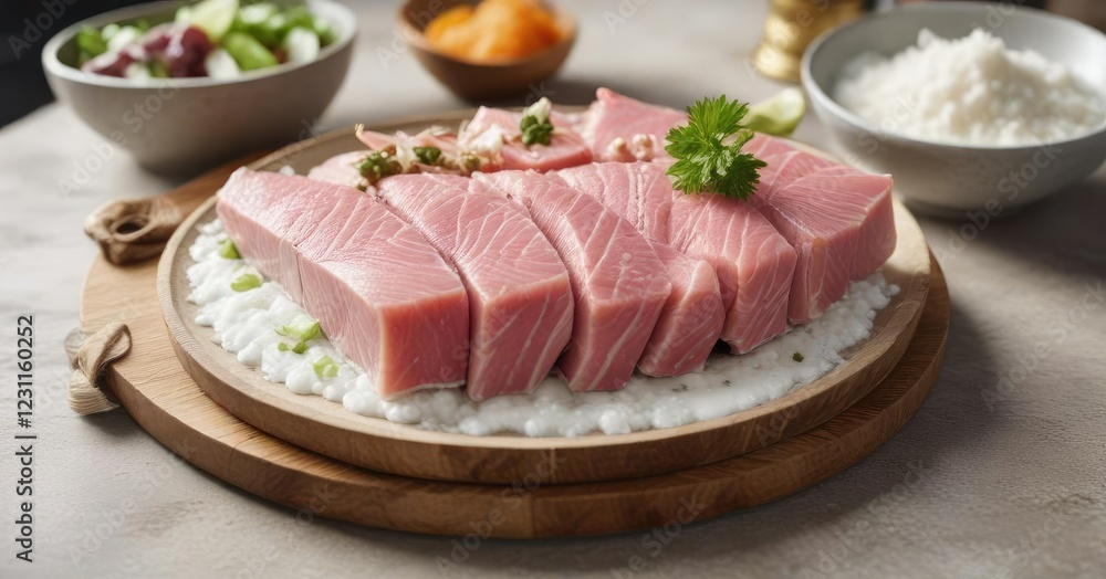 poisson cru being prepared with raw tuna fish and coconut milk , , tropical cuisine, seafood poisson cru being prepared with raw tuna fish and coconut milk , , tropical cuisine, seafood