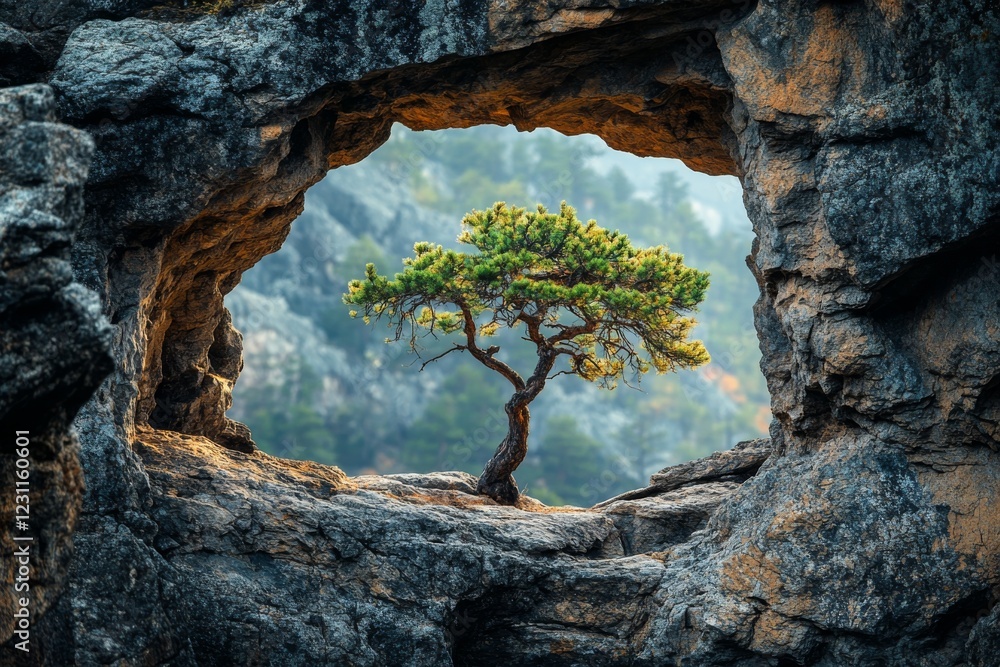 Lone Pine Tree in Mountain Rock Arch Scenic Nature