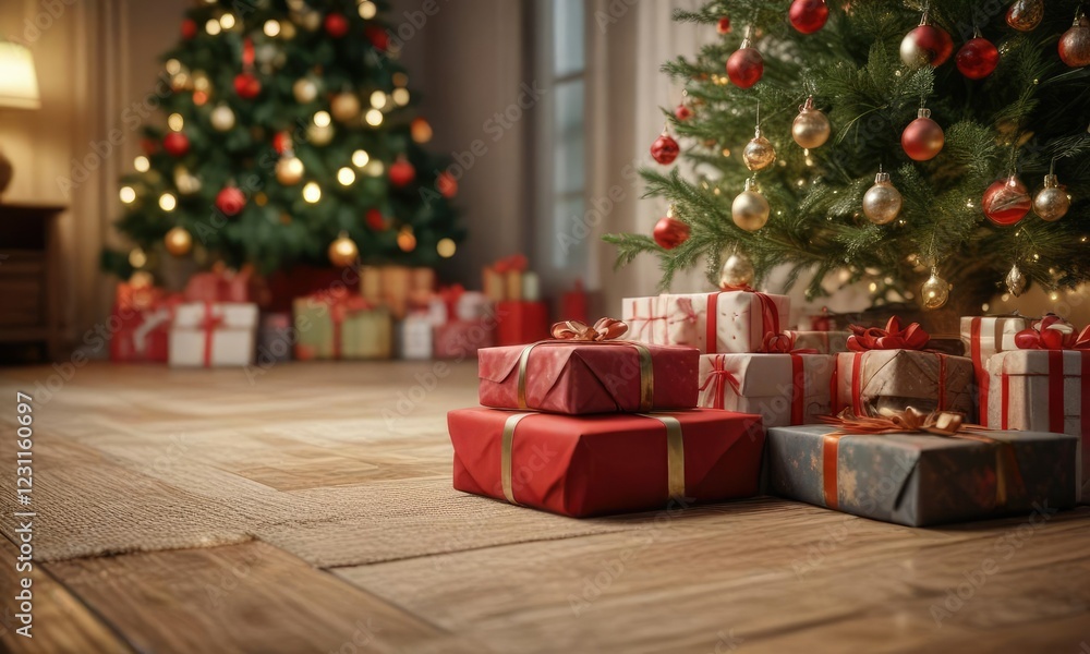 Presents stacked on the floor around a Christmas tree, holiday, christmas tree, wrapping paper Presents stacked on the floor around a Christmas tree, holiday, christmas tree, wrapping paper