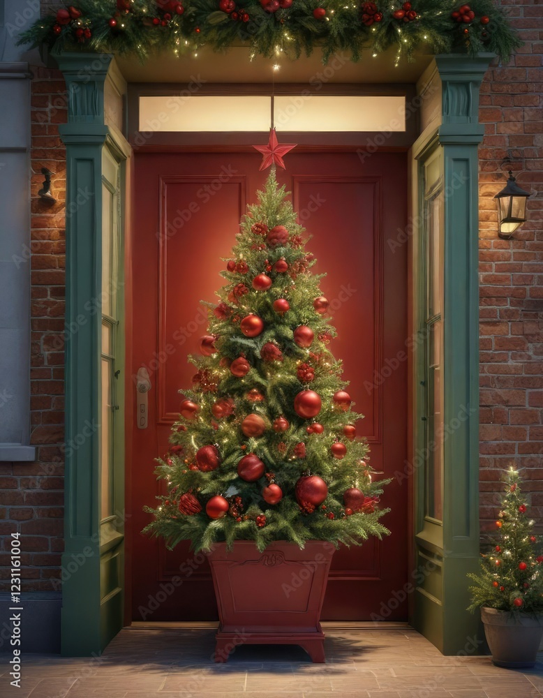 Red and green Christmas tree in a decorative planter on the front door, planter, green, decorating Red and green Christmas tree in a decorative planter on the front door, planter, green, decorating