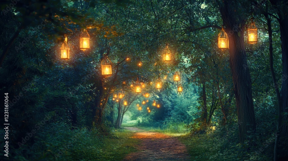 Fototapeta premium Enchanted Forest Pathway Decorated with Glowing Lanterns
