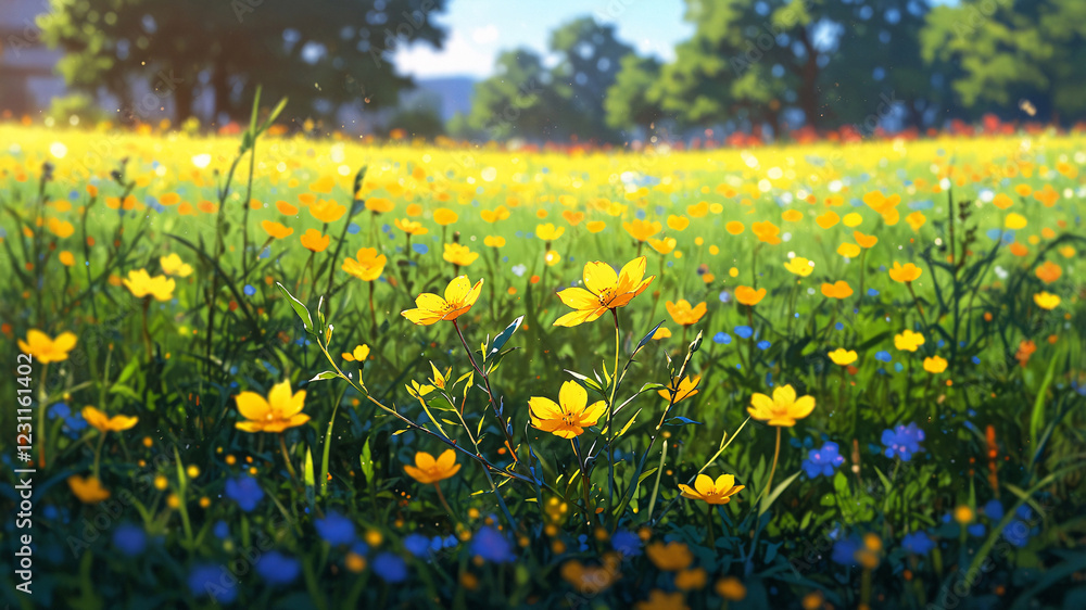 Obraz premium Bright Yellow Wildflowers Flourishing in a Lush Meadow with Forest Canopy Above on a Bright Sunny Day Spring Aesthetic Wallpaper Digital Drawing Illustration