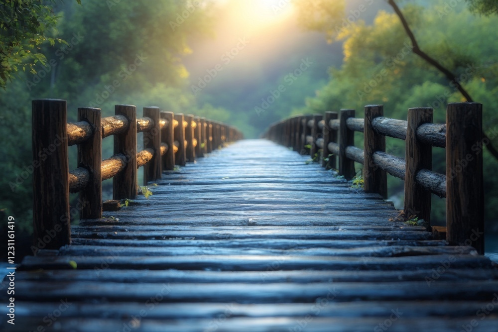 Obraz premium Wooden bridge in a misty forest during sunrise