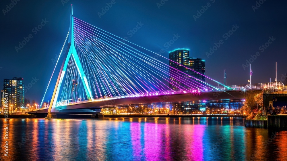 Obraz premium Stunning Night View of Colorful Bridge with Reflections in Water