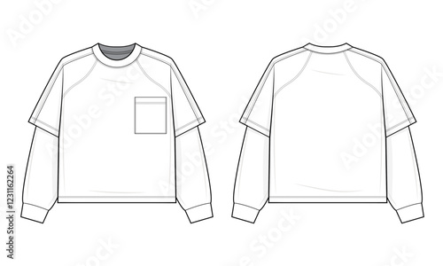 Layered Contrast-Sleeve Raglan T-Shirt Technical Fashion Illustration. Two-in-One Illusion Tee with Chest Pocket Vector Template. Front and back view. Relaxed Fit. Unisex Streetwear. CAD Mockup Set.