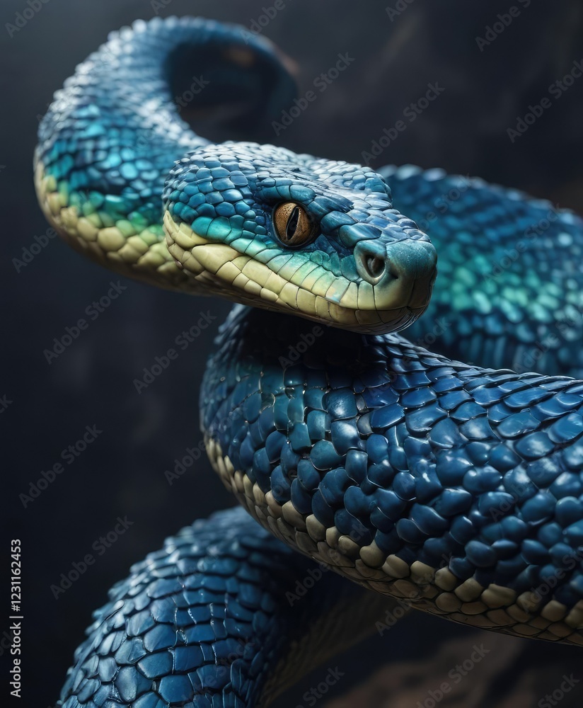 Fototapeta premium Scales of blue viper snake glistening in the light, vibrant, reflective