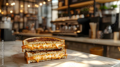 Two halves of a grilled cheese sandwich with a visible cheese pull are stacked on a cutting board in a cafe setting. photo