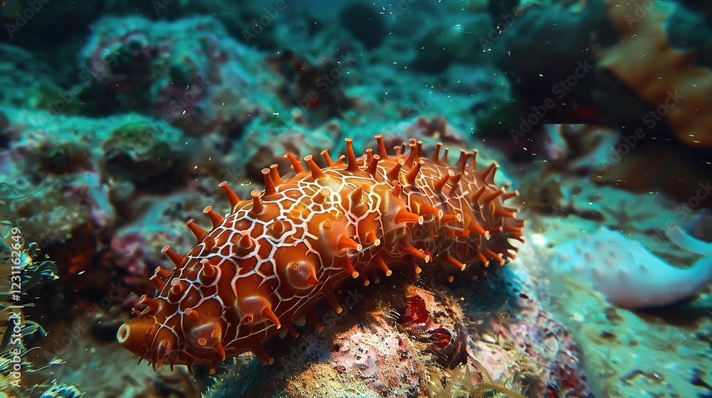 A Detailed Visual of a Sea Cucumber, a Unique and Intriguing Marine Invertebrate. This odd - shaped, soft - bodied creature, covered in small, tube - like feet, inhabits the ocean floor A Detailed Visual of a Sea Cucumber, a Unique and Intriguing Marine Invertebrate. This odd - shaped, soft - bodied creature, covered in small, tube - like feet, inhabits the ocean floor