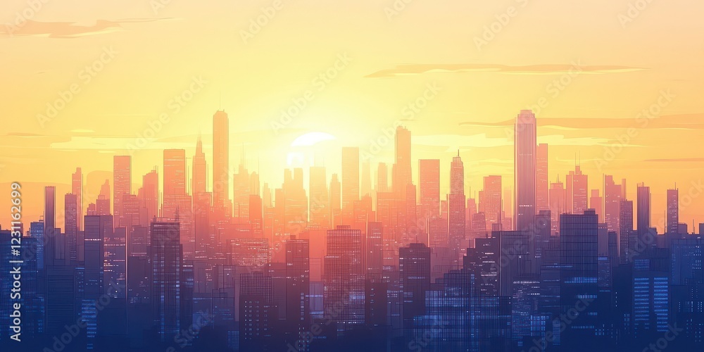 Fototapeta premium Cityscape Silhouette at Sunset Golden Hour Glow