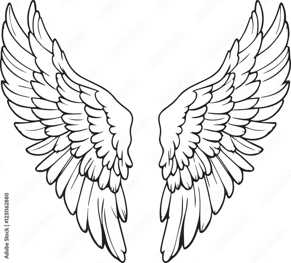 Obraz premium Elegant vector illustration of detailed stylized wings black silhouette on white background.