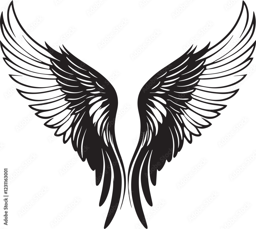 Fototapeta premium Elegant vector illustration of detailed stylized wings black silhouette on white background.