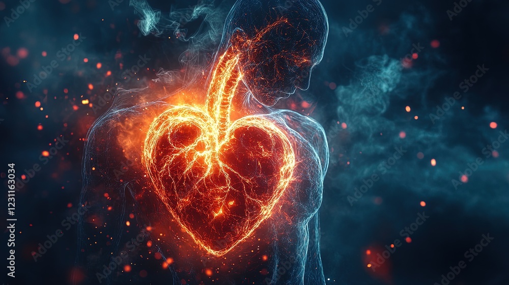 An X-ray-style glowing representation of a human heart in radiant abstract energy An X-ray-style glowing representation of a human heart in radiant abstract energy
