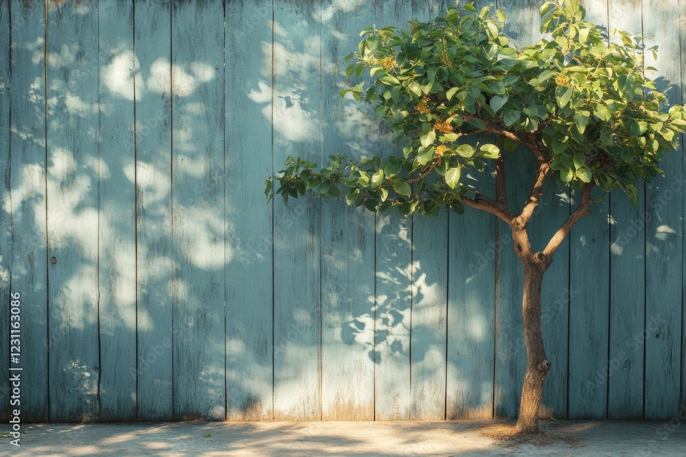 Fototapeta premium Sunny Day Teal Wooden Fence Small Tree Nature Background