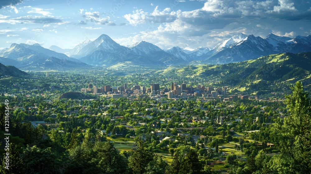 Obraz premium Scenic Mountain View Overlooking Lush Valley and Urban Landscape