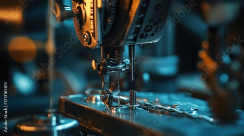 A close-up of a sewing machine, highlighting its intricate mechanics and functionality. photo