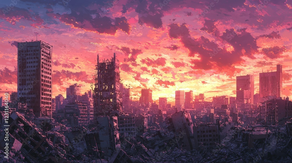 Fototapeta premium Post-Apocalyptic Cityscape at Sunset with Dramatic Sky Colors