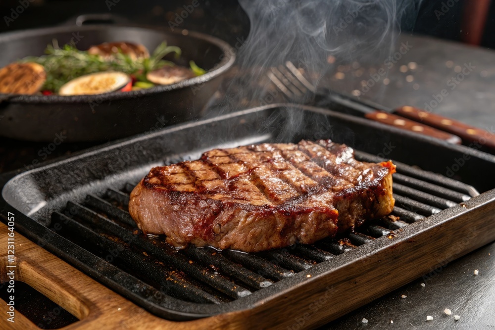 Sizzling steak on a preheated grill plate with seared edges and caramelized crust, grilled steak, food photography, perfectly cooked, sizzling meat, grill master Sizzling steak on a preheated grill plate with seared edges and caramelized crust, grilled steak, food photography, perfectly cooked, sizzling meat, grill master