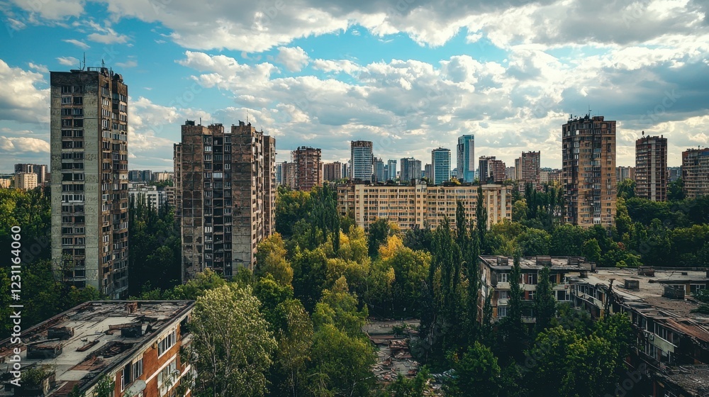 Fototapeta premium Urban Landscape with Tall Buildings and Lush Green Trees