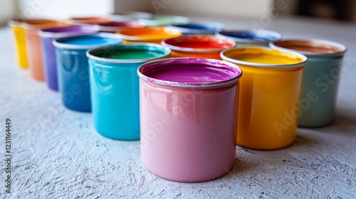 Rainbow Symphony: Vibrant Array of Colorful Paint Cans in Glossy Finish Lined Up Artistically