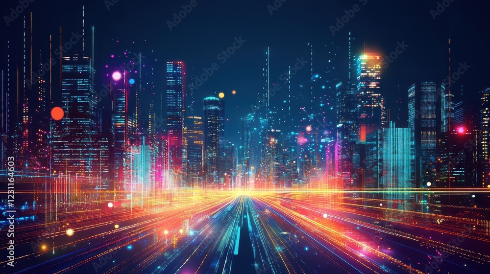 Fototapeta premium Futuristic Cityscape Illuminated By Vibrant Neon Lights