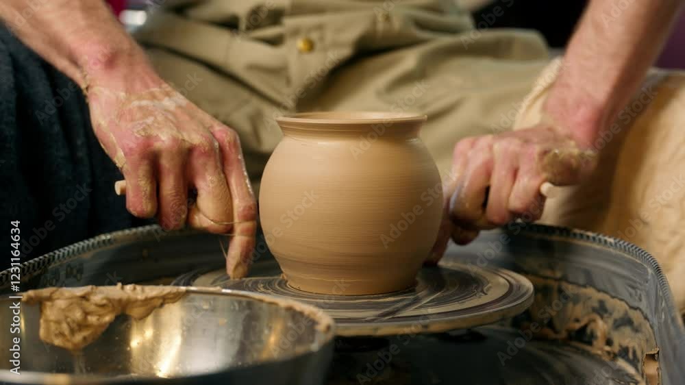 Master hands apron holding thread potter clay craft artisan man craftsman cutting wet vessel pottery wheel completed vase workshop finished pot handmade ceramics male manufacturing work process studio