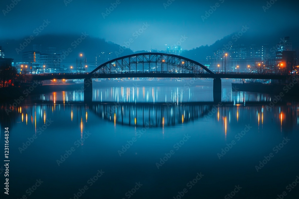 Fototapeta premium Night view of a lit blue bridge reflecting on water