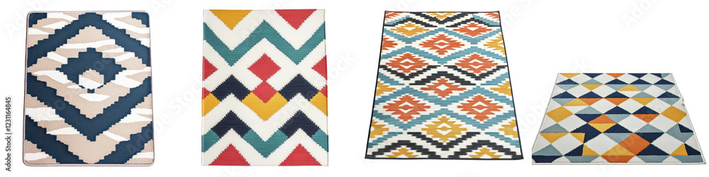 Fototapeta premium Colorful and vibrant geometric patterned textile and rug designs featuring traditional and modern motifs like chevrons stripes and tribal elements for use in home decor interior design