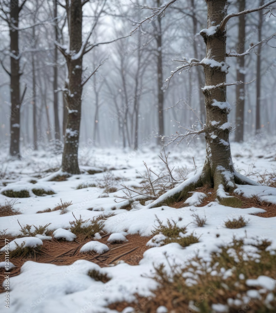 Snow-covered forest floor with bare branches and a few scattered snowflakes, cold weather, natural beauty Snow-covered forest floor with bare branches and a few scattered snowflakes, cold weather, natural beauty