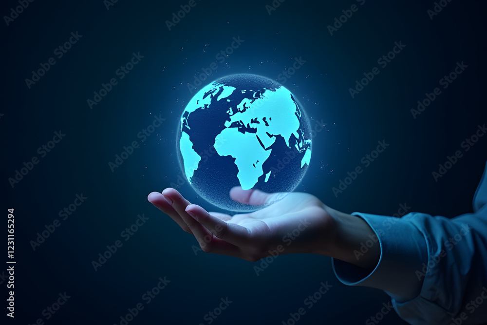 Holographic globe, futuristic technology, glowing blue effects, hand interacting, minimal dark gradient background Holographic globe, futuristic technology, glowing blue effects, hand interacting, minimal dark gradient background