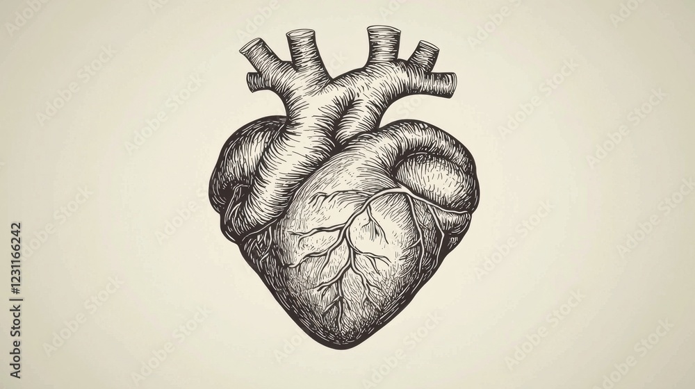 Naklejka premium Detailed Vintage Illustration of Human Heart Anatomy and Structure