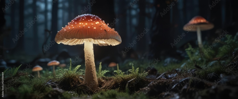 Fototapeta premium Soft luminescence of a glowing mushroom in the dark, unusual, peculiar