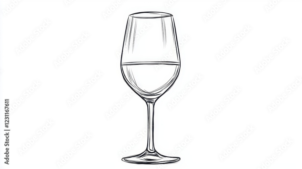 Elegant Line Drawing of a Wine Glass with Water Inside, Isolated Elegant Line Drawing of a Wine Glass with Water Inside, Isolated