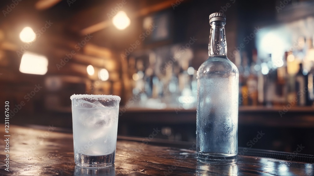 Crystal Clear Tequila Shot and Bottle on Rustic Bar Crystal Clear Tequila Shot and Bottle on Rustic Bar