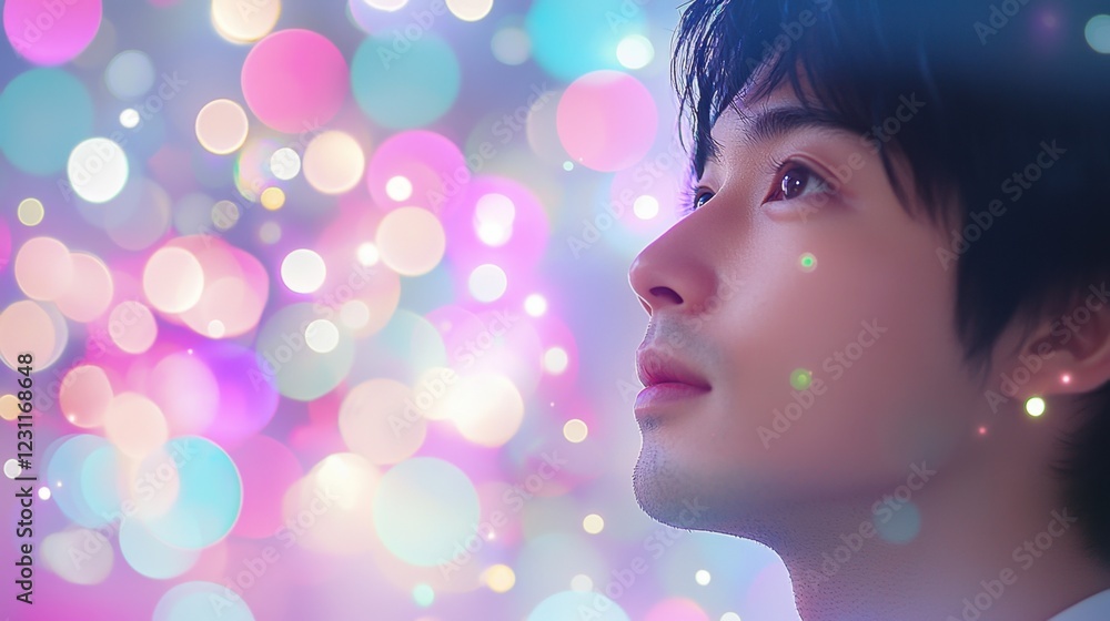 Young Man Gazing Upwards with Colorful Bokeh Background Effects Young Man Gazing Upwards with Colorful Bokeh Background Effects
