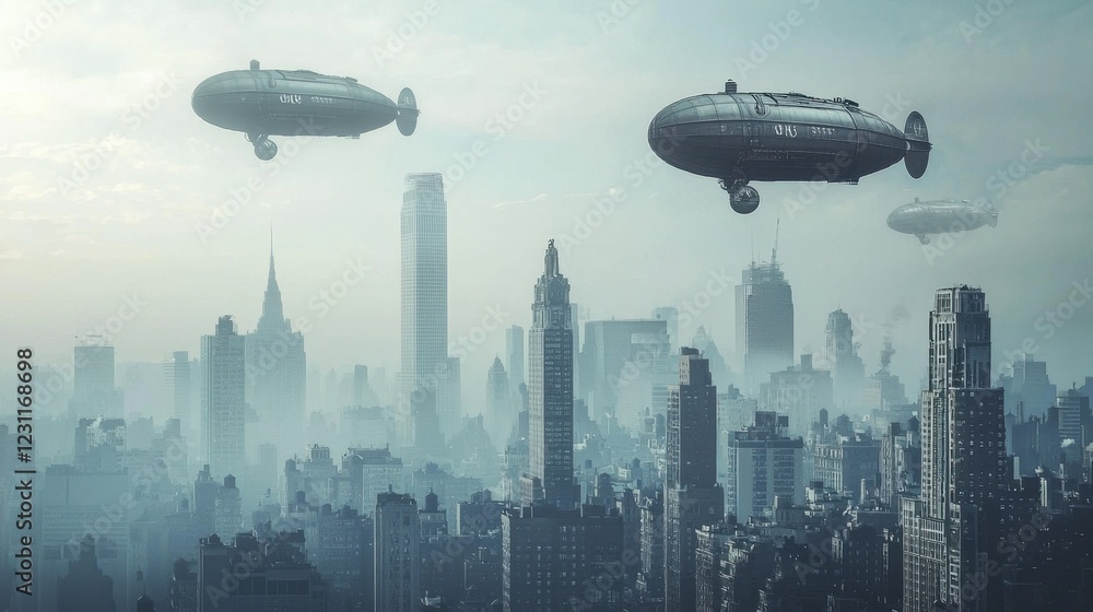 Obraz premium Futuristic Cityscape with Airships Floating Above Urban Skyline
