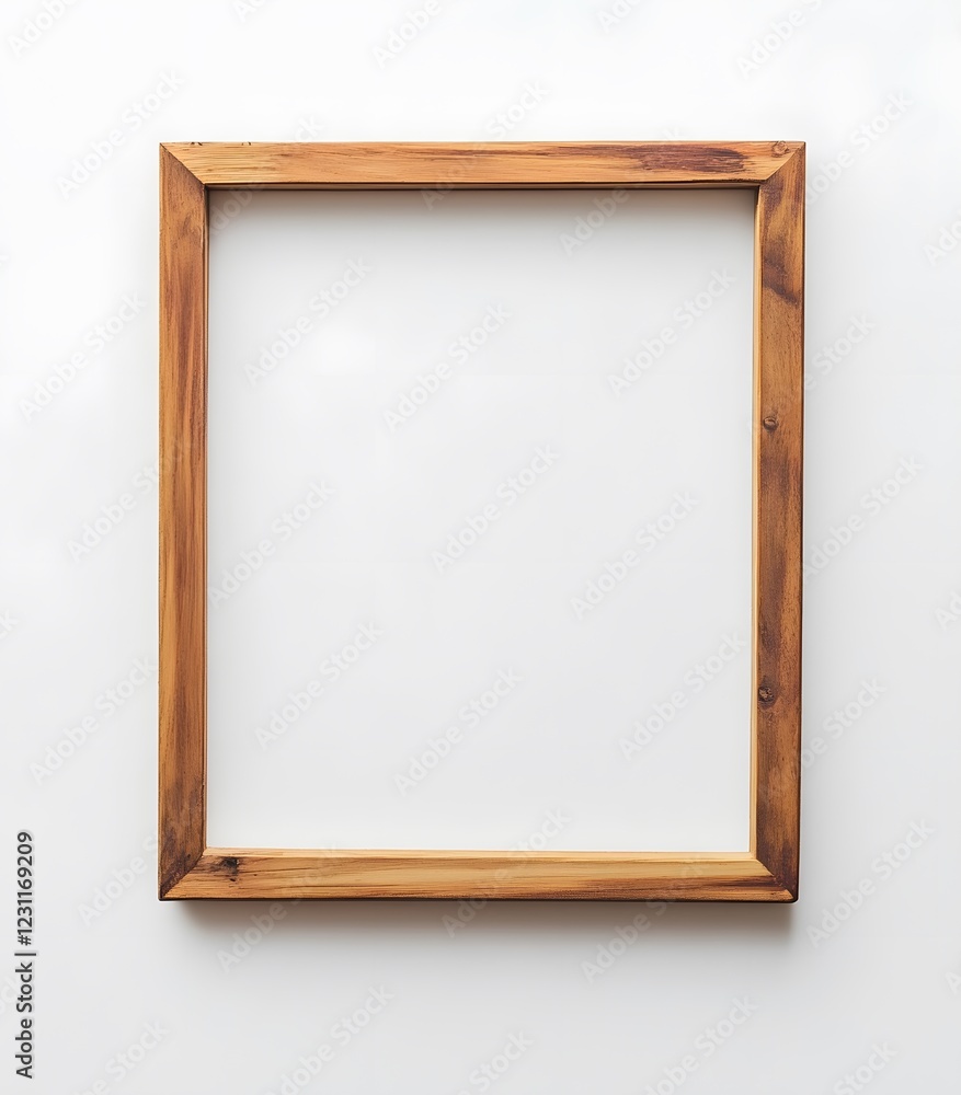 Blank wooden picture frame mockup on white wall, minimalistic modern decor Blank wooden picture frame mockup on white wall, minimalistic modern decor